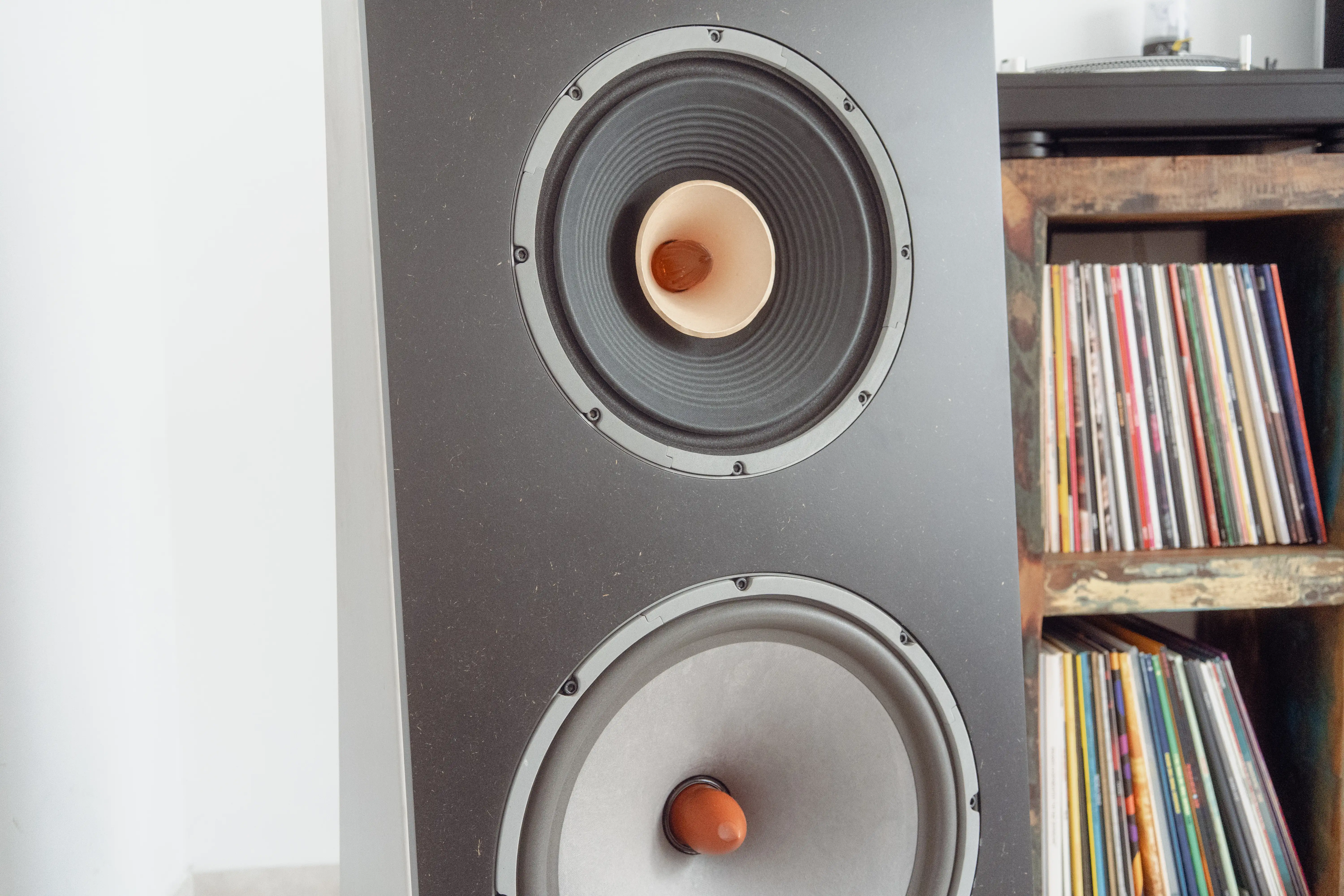 Front-on close-up of the F-12 full-range driver above the W-15 woofer, mounted on the dark baffle with a vinyl shelf visible to the side.