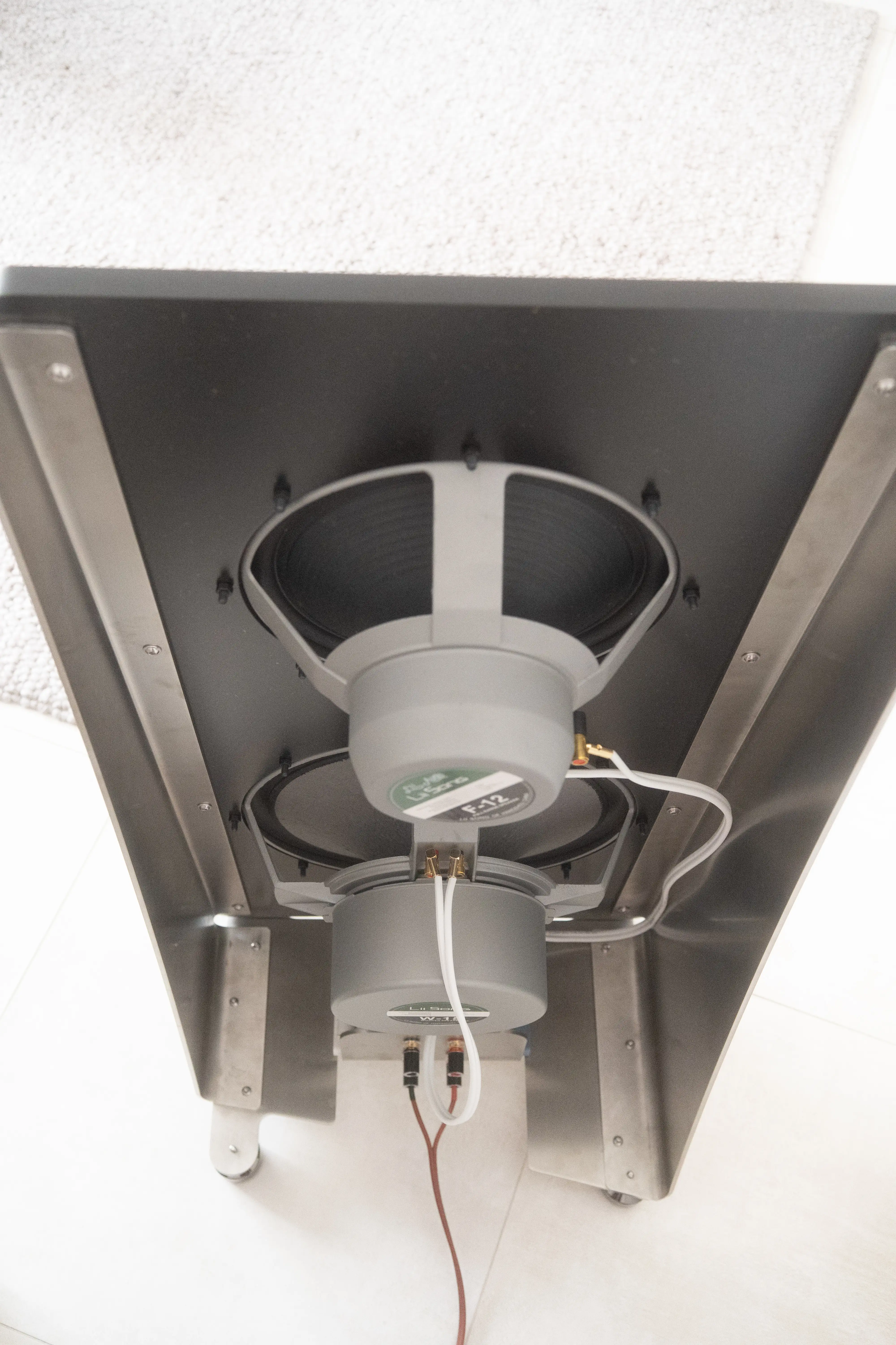 Top-down view into the U-frame: LiiAudio F-12 full-range driver and W-15 dual-voice-coil woofer mounted on the rear of the baffle, internal wiring exposed.