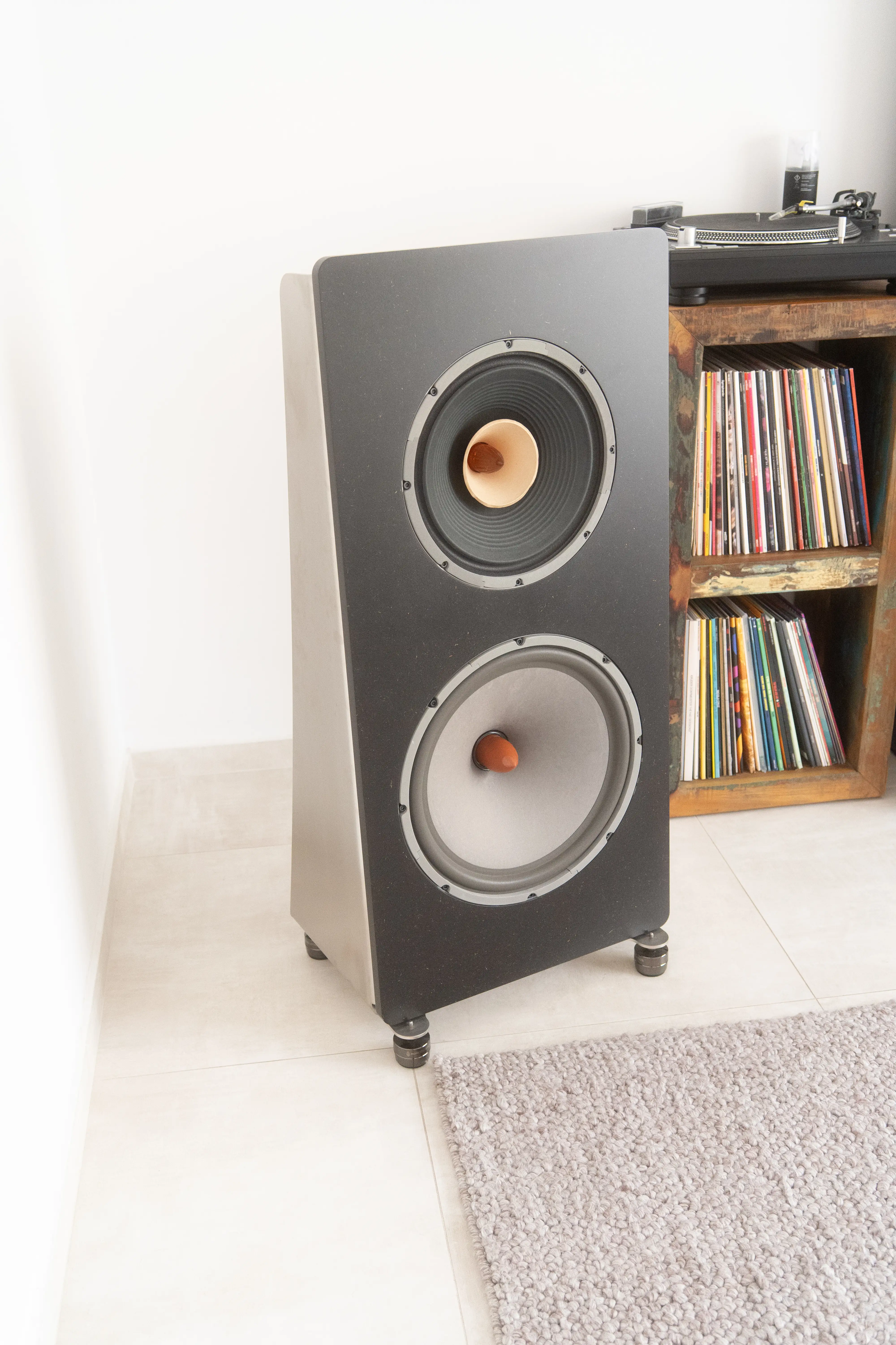 Loudspeaker from the House of Stain workshop, front-on next to a vinyl shelf and turntable — the kind of bench setup the measurement apps were built against.