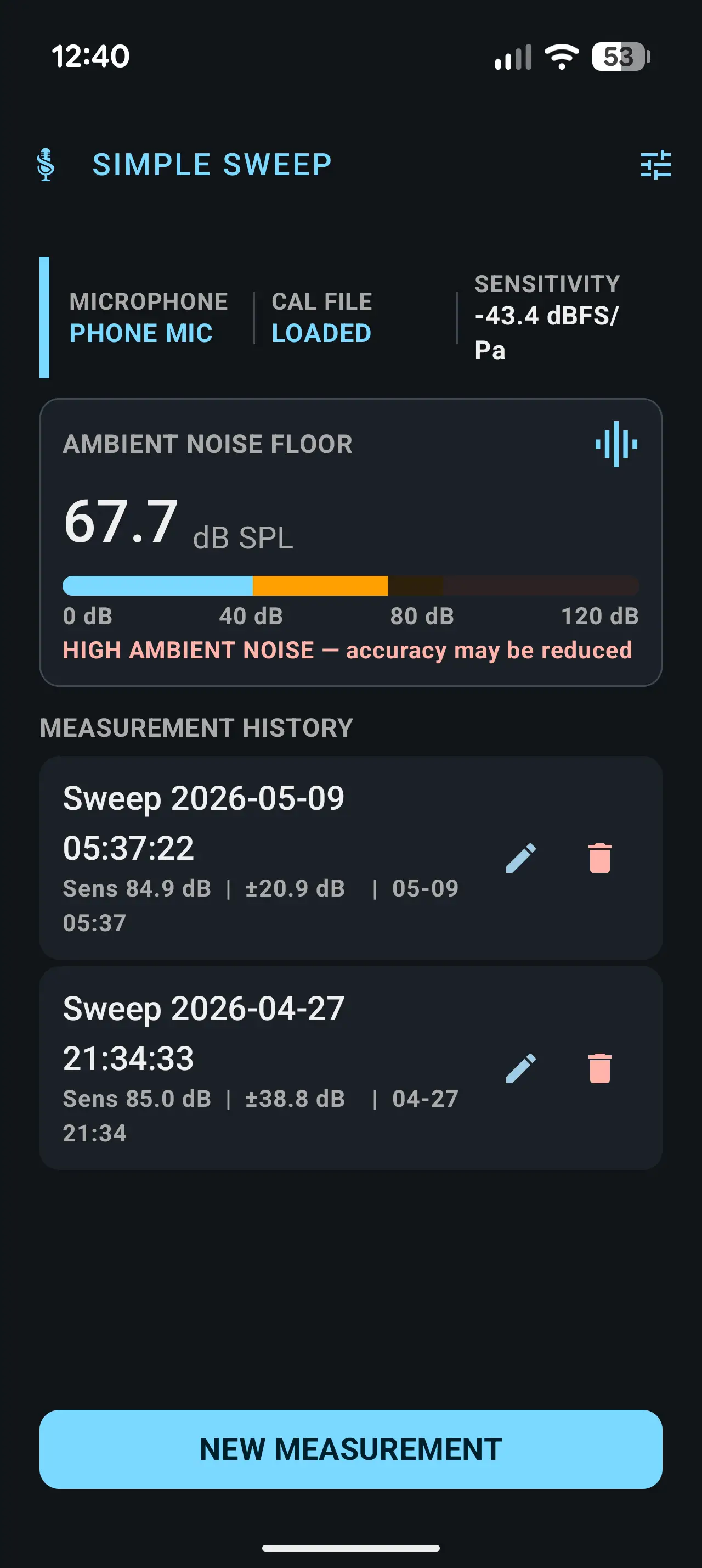 Simple Sweep dashboard — microphone status with cal file loaded, ambient noise floor reading 67.7 dB SPL with a HIGH AMBIENT NOISE warning, and a measurement history list with two prior sweeps.