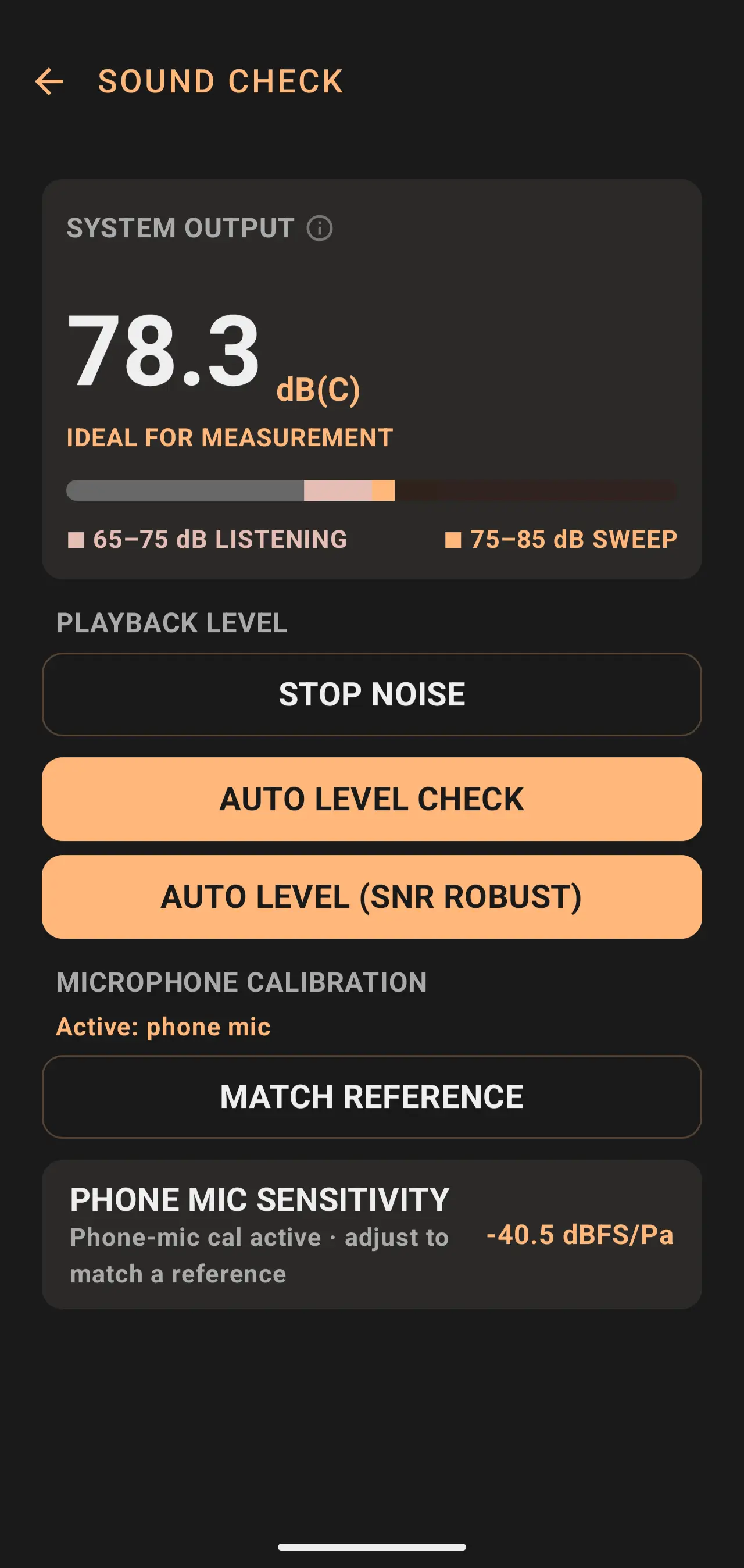 Sound Check screen — SYSTEM OUTPUT 76.9 dB(C), IDEAL FOR MEASUREMENT, with a two-zone indicator marking 65–75 dB LISTENING and 75–85 dB SWEEP. Playback controls (STOP NOISE, AUTO LEVEL CHECK, AUTO LEVEL — SNR ROBUST). MICROPHONE CALIBRATION shows 'Active: phone mic' and a MATCH REFERENCE button. Phone Mic Sensitivity reads −40.5 dBFS/Pa with the note 'Phone-mic cal active · adjust to match a reference.'